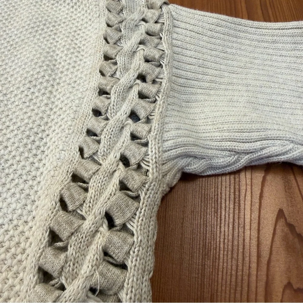 Cabi Slip Stitch Oversized Poncho Sweater Cream Open-Side Braided Ribbed Knit